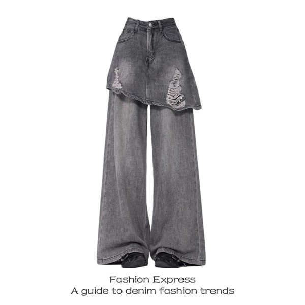 Vintage Distressed Denim Pants-Skirt One-Piece Womenâ€™s Ripped Straight-Leg Floor-Length for Spring & Autumn Fashion 2025