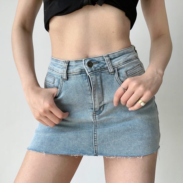 Vintage Distressed Denim Skirt for Women - A-Line High Waist Bodycon Short Skirt with Anti-Exposure Design, European & American Style