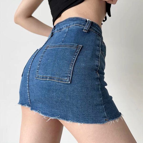 Vintage Distressed Denim Skirt for Women - A-Line High Waist Bodycon Short Skirt with Anti-Exposure Design, European & American Style