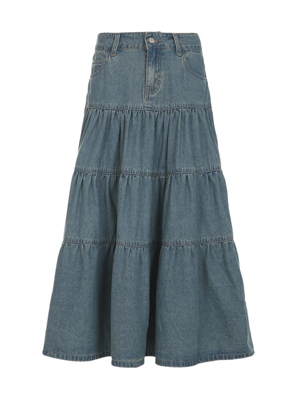 Vintage Distressed Low-Waist Split Denim Skirt - Versatile A-Line Long Skirt for 90s and Y2K Inspired Fashion