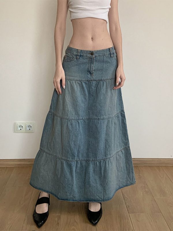 Vintage Distressed Low-Waist Split Denim Skirt - Versatile A-Line Long Skirt for 90s and Y2K Inspired Fashion