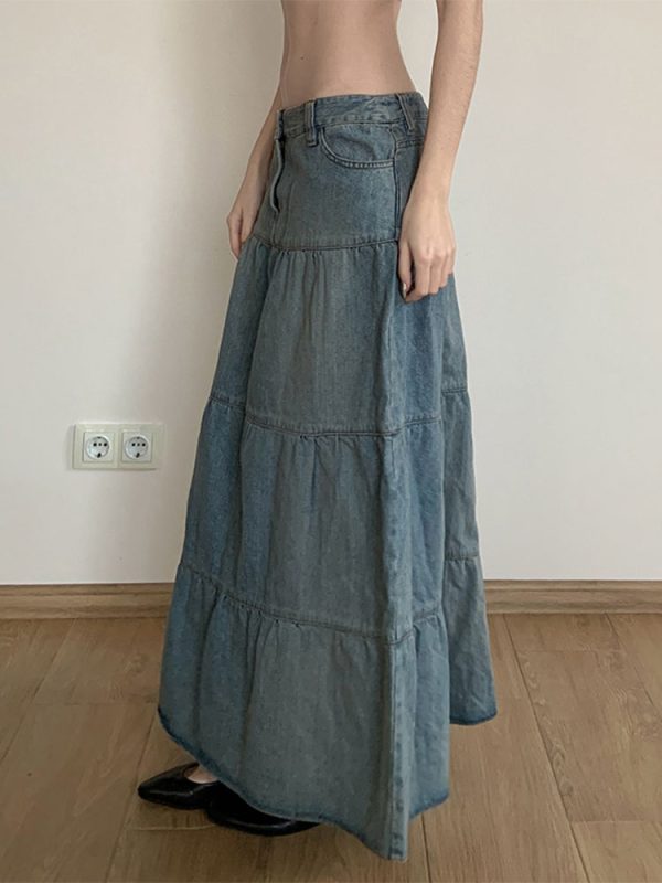 Vintage Distressed Low-Waist Split Denim Skirt - Versatile A-Line Long Skirt for 90s and Y2K Inspired Fashion