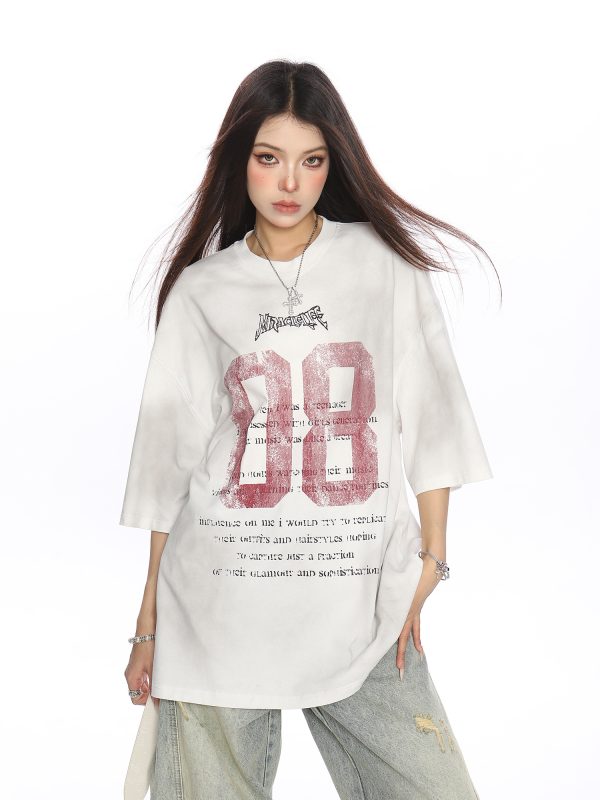 Vintage Distressed Printed Short Sleeve T-Shirt for Women - Casual Loose Fit Summer Tee, Trendy 90s Style Couple Top