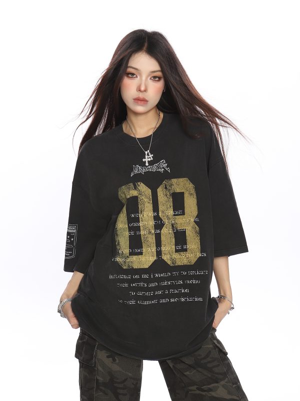 Vintage Distressed Printed Short Sleeve T-Shirt for Women - Casual Loose Fit Summer Tee, Trendy 90s Style Couple Top