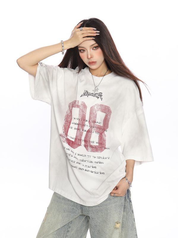 Vintage Distressed Printed Short Sleeve T-Shirt for Women - Casual Loose Fit Summer Tee, Trendy 90s Style Couple Top