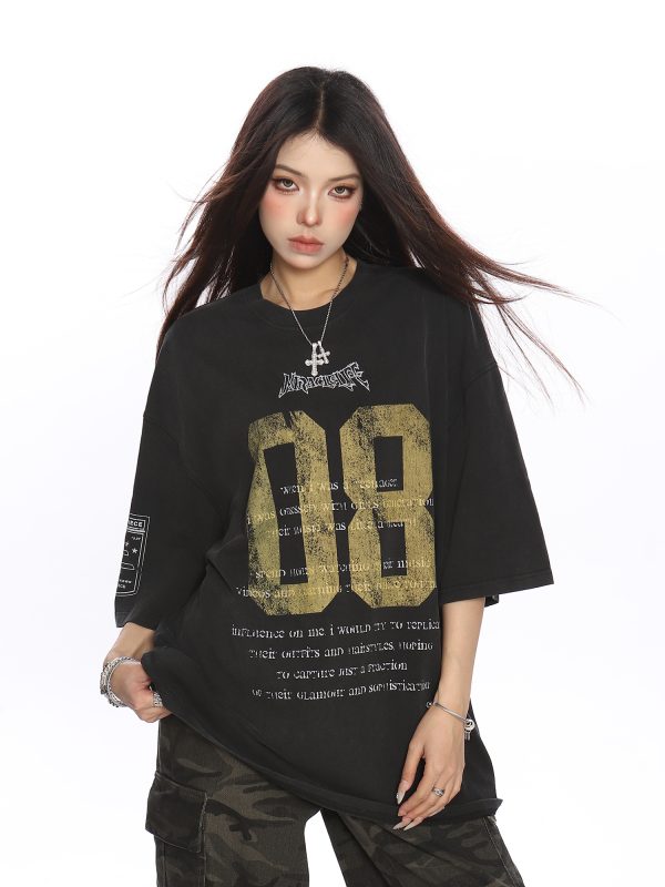 Vintage Distressed Printed Short Sleeve T-Shirt for Women - Casual Loose Fit Summer Tee, Trendy 90s Style Couple Top