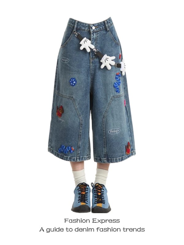 Vintage Distressed Seven-Point Pants for Women with Cartoon Embroidery - 2025 Summer Loose Fit Trendy Casual Style