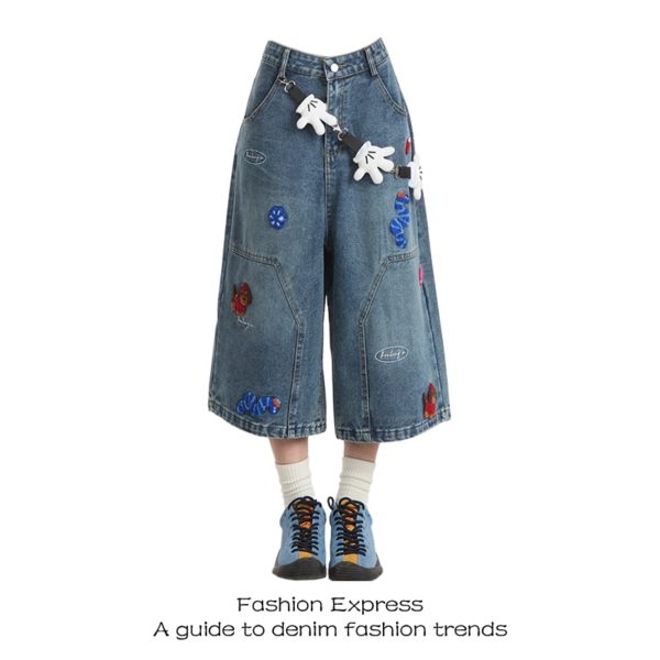 Vintage Distressed Seven-Point Pants for Women with Cartoon Embroidery - 2025 Summer Loose Fit Trendy Casual Style