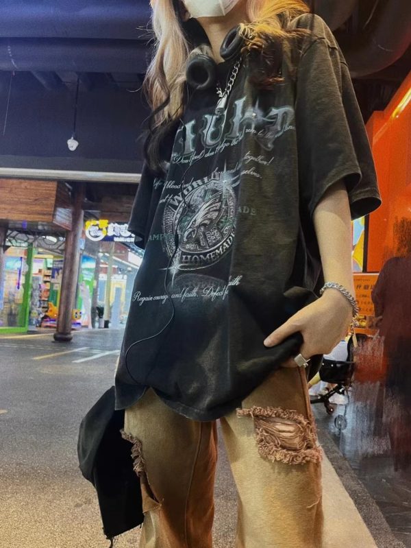 Vintage Distressed Short Sleeve T-Shirt for Men and Women - 2025 Summer American Streetwear Hip Hop High Street Fashion