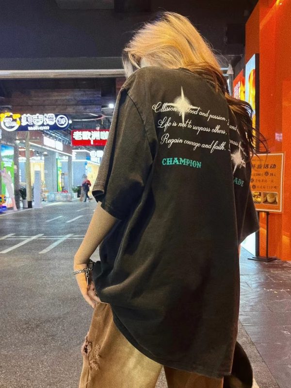 Vintage Distressed Short Sleeve T-Shirt for Men and Women - 2025 Summer American Streetwear Hip Hop High Street Fashion