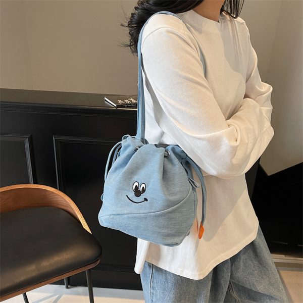 Vintage Embroidered Denim Drawstring Bucket Bag for Women - Cute Summer Crossbody Shoulder Bag for Phones 2025 Style