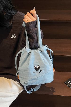 Vintage Embroidered Denim Drawstring Bucket Bag for Women - Cute Summer Crossbody Shoulder Bag for Phones 2025 Style