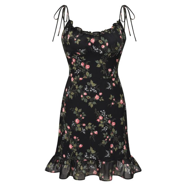 Vintage European American Floral Slip Dress with Ruffles, A-Line Skirt, Shoulder Strap, Y2K Style