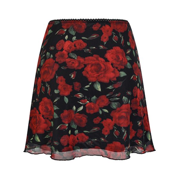 Vintage European American Rose Print Mesh High Waist Bodycon Half Skirt - Women's A-Line Skirt for DIY Fashion Lovers