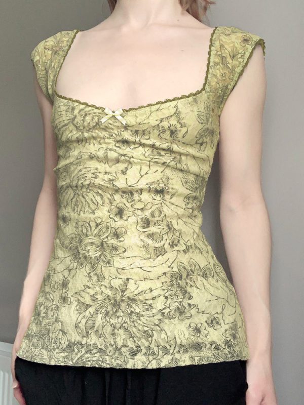 Vintage Floral Backless Vest for Women with Low Square Neck and Spaghetti Straps - Retro Charm Summer Style
