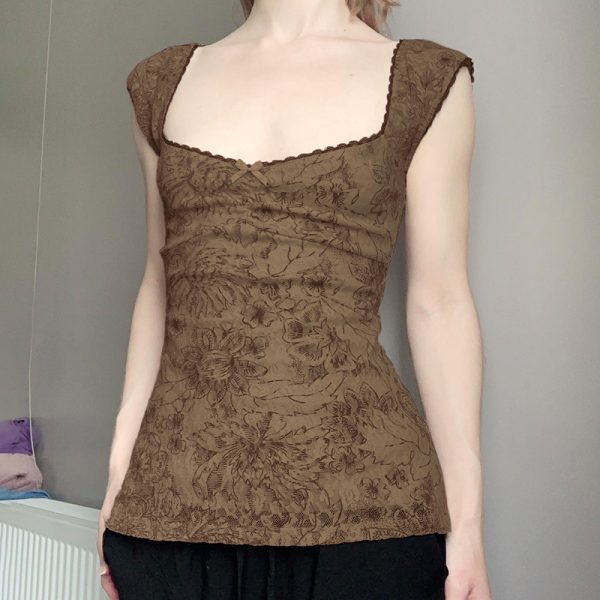 Vintage Floral Backless Vest for Women with Low Square Neck and Spaghetti Straps - Retro Charm Summer Style