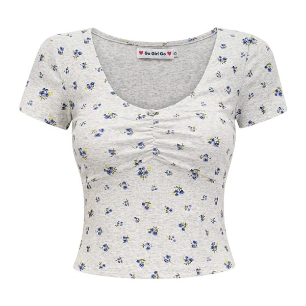 Vintage Floral Big U-Neck Short Sleeve T-Shirt for Women - DIY 90s Summer Slim Fit Top with High Waist Style