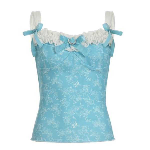 Vintage Floral Butterfly Shoulder Strap Ruffled Edge Vest - Backless Camisole for Women - Summer Y2K Style