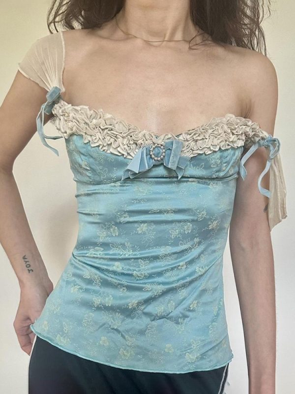 Vintage Floral Butterfly Shoulder Strap Ruffled Edge Vest - Backless Camisole for Women - Summer Y2K Style