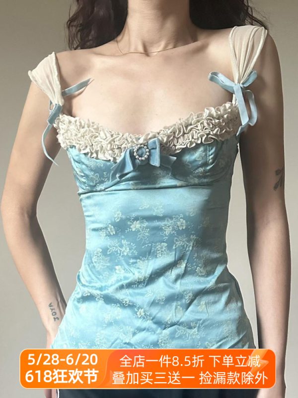 Vintage Floral Butterfly Shoulder Strap Ruffled Edge Vest - Backless Camisole for Women - Summer Y2K Style