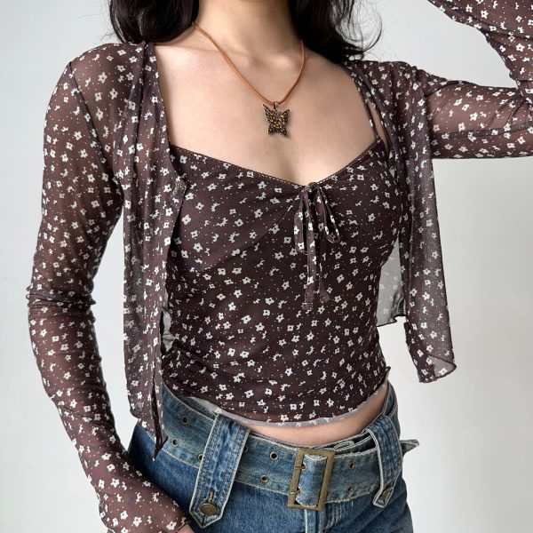 Vintage Floral Camisole Cardigan Two-Piece Set - Women's Slim Fit Sexy Outfit for 90s Y2K Style