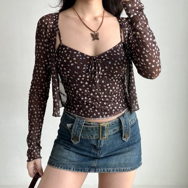 Vintage Floral Camisole Cardigan Two-Piece Set - Women's Slim Fit Sexy Outfit for 90s Y2K Style