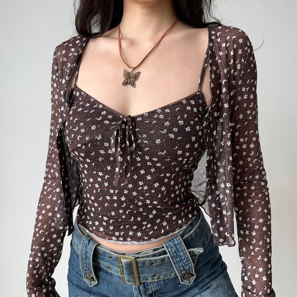 Vintage Floral Camisole Cardigan Two-Piece Set - Women's Slim Fit Sexy Outfit for 90s Y2K Style