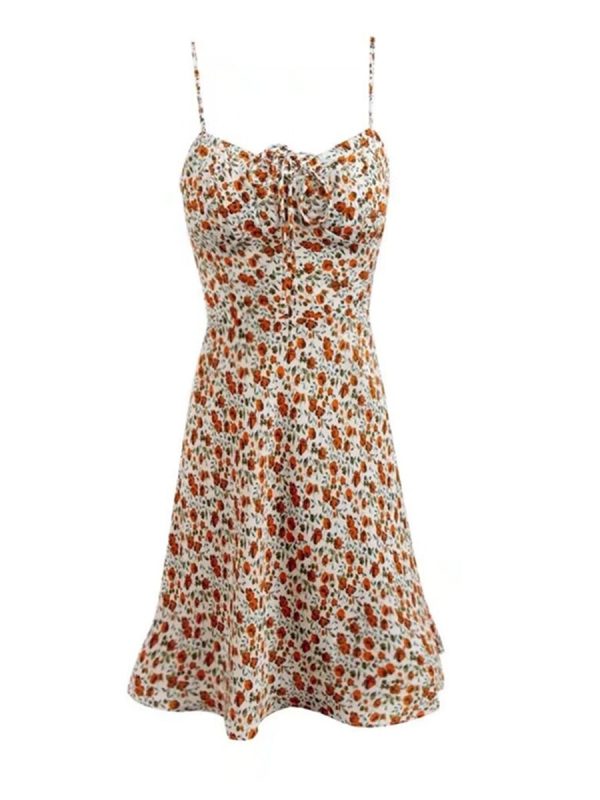 Vintage Floral Camisole Dress with Drawstring Waist - Handmade Spring/Summer Vacation Style, Romantic French Design