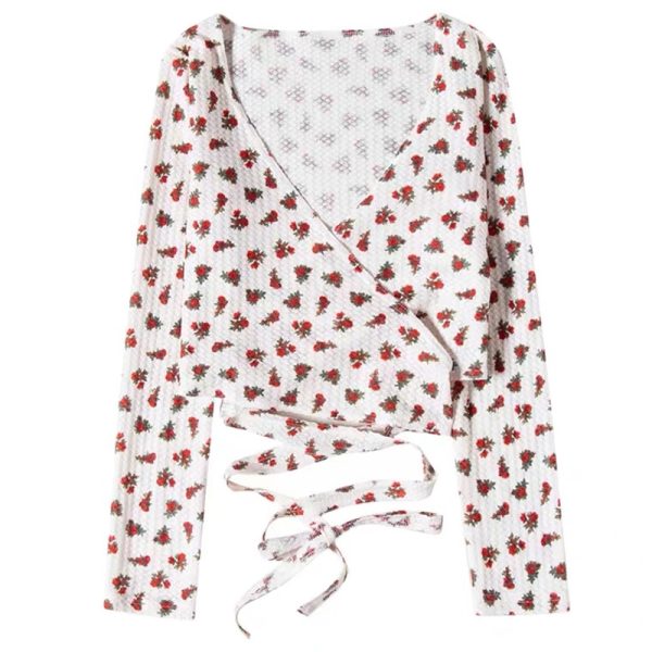 Vintage Floral Deep V-Neck Long Sleeve Cardigan Shirt for Women - Slim Fit Summer Sun Protection Fashion