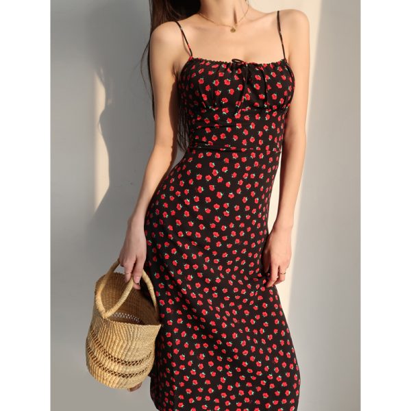 Vintage Floral Dress with Straps - Sexy Slim-Fit French Style Midi Dress for Women - Chic Retro Summer Fashion