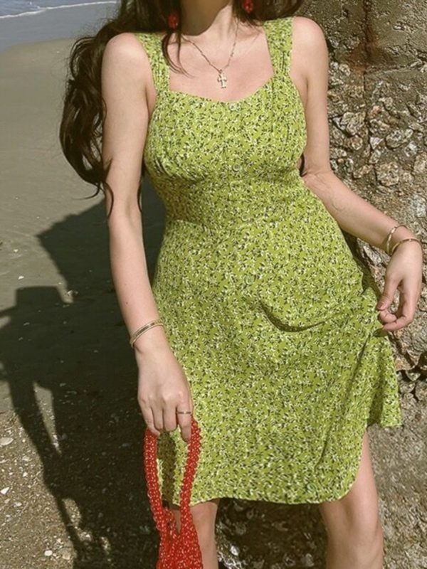 Vintage Floral Green Square Neck Wide Strap Slip Dress - 2023 Spring/Summer Vacation Style, Perfect for Y2K and Korean Aesthetic