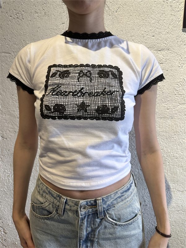 Vintage Floral Lace Printed Round Neck Short Sleeve T-Shirt for Women - Cute American Style Spring Fashion