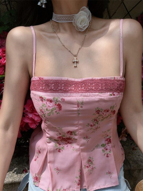 Vintage Floral Lace Square Neck Camisole Top - Handmade Waist-Cinching Vacation Style for Women, Perfect for French-Inspired 90s Looks