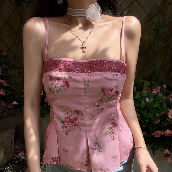 Vintage Floral Lace Square Neck Camisole Top - Handmade Waist-Cinching Vacation Style for Women, Perfect for French-Inspired 90s Looks