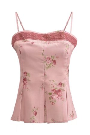 Vintage Floral Lace Square Neck Camisole Top - Handmade Waist-Cinching Vacation Style for Women, Perfect for French-Inspired 90s Looks