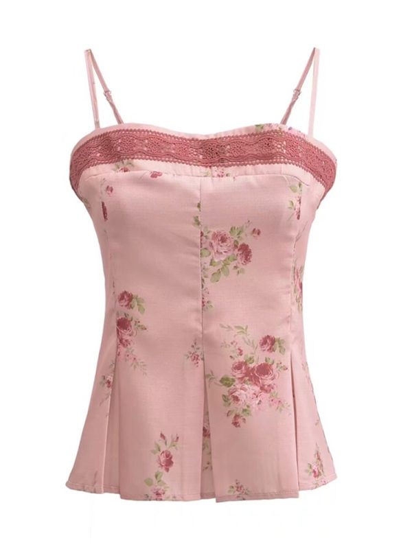 Vintage Floral Lace Square Neck Camisole Top - Handmade Waist-Cinching Vacation Style for Women, Perfect for French-Inspired 90s Looks