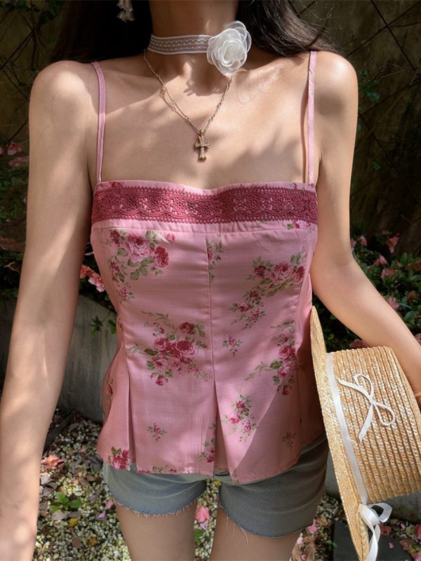 Vintage Floral Lace Square Neck Camisole Top - Handmade Waist-Cinching Vacation Style for Women, Perfect for French-Inspired 90s Looks