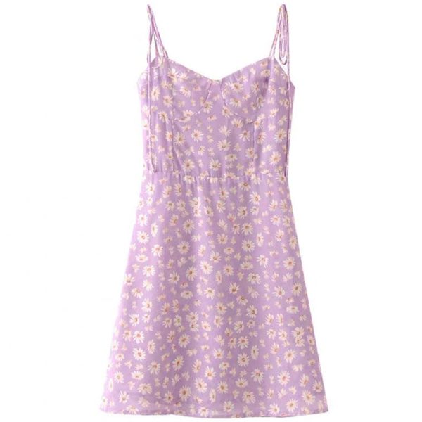 Vintage Floral Lace-Up Camisole Dress with Small Daisy Print - Romantic Vacation Style, Waist-Cinching Design