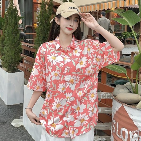 Vintage Floral Loose Short Sleeve Shirt for Women, Hawaiian Beach Top, Trendy Casual Versatile Style, Summer Fashion