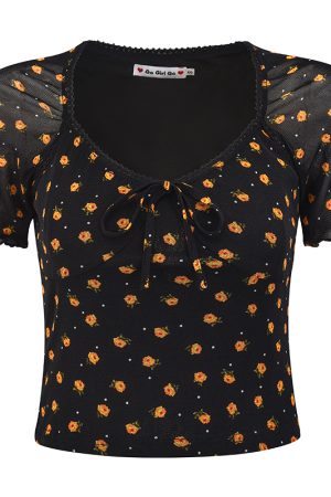 Vintage Floral Mesh V-Neck Short Sleeve Black T-Shirt for Women â€“ Slim Fit 90s Inspired Self-Made Style Top