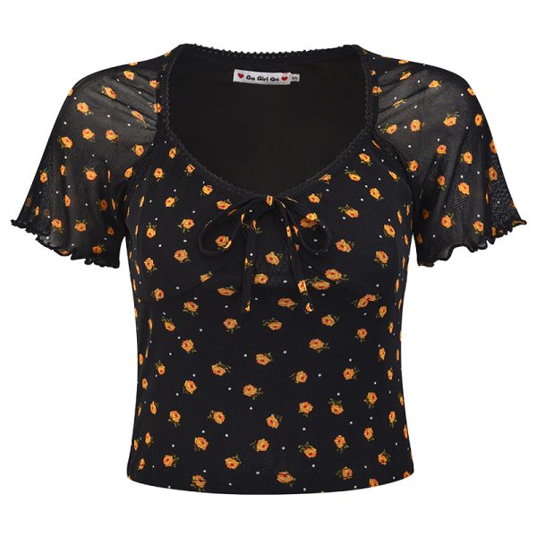 Vintage Floral Mesh V-Neck Short Sleeve Black T-Shirt for Women â€“ Slim Fit 90s Inspired Self-Made Style Top