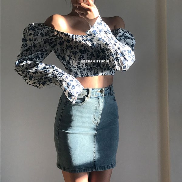 Vintage Floral Off-Shoulder Long Sleeve Slim Fit High-Waisted Cropped Shirt Top - Y2K Style Fashion Essential