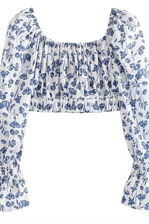 Vintage Floral Off-Shoulder Long Sleeve Slim Fit High-Waisted Cropped Shirt Top - Y2K Style Fashion Essential