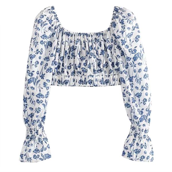Vintage Floral Off-Shoulder Long Sleeve Slim Fit High-Waisted Cropped Shirt Top - Y2K Style Fashion Essential