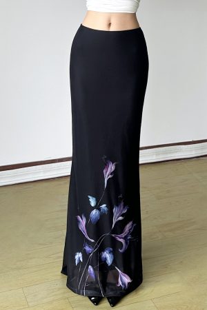 Vintage Floral Print Half-Length Skirt - Women's Low-Waist Straight Fishtail Skirt in Chinese Style, Boho 90s Fashion
