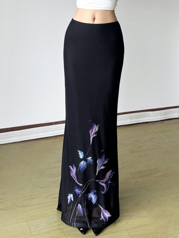 Vintage Floral Print Half-Length Skirt - Women's Low-Waist Straight Fishtail Skirt in Chinese Style, Boho 90s Fashion