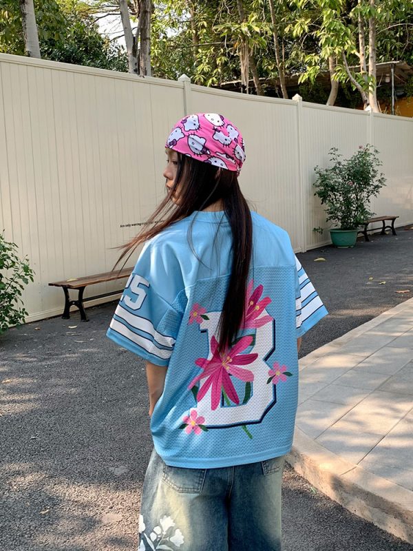 Vintage Floral Print Mesh Short Sleeve T-Shirt for Men and Women - Casual Loose Fit, Summer 90s Style Jersey Top