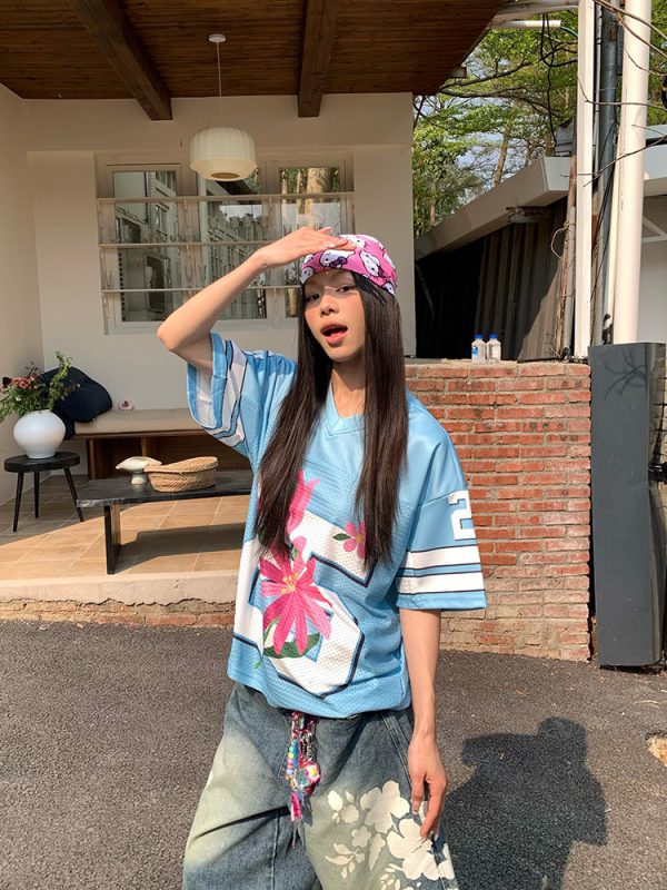 Vintage Floral Print Mesh Short Sleeve T-Shirt for Men and Women - Casual Loose Fit, Summer 90s Style Jersey Top