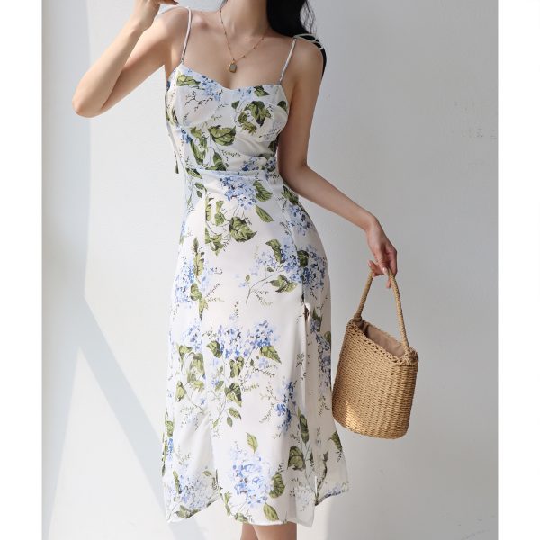 Vintage Floral Print Spaghetti Strap Dress with Side Slit - Slimming Waist-Cinching Design for Vacation Style