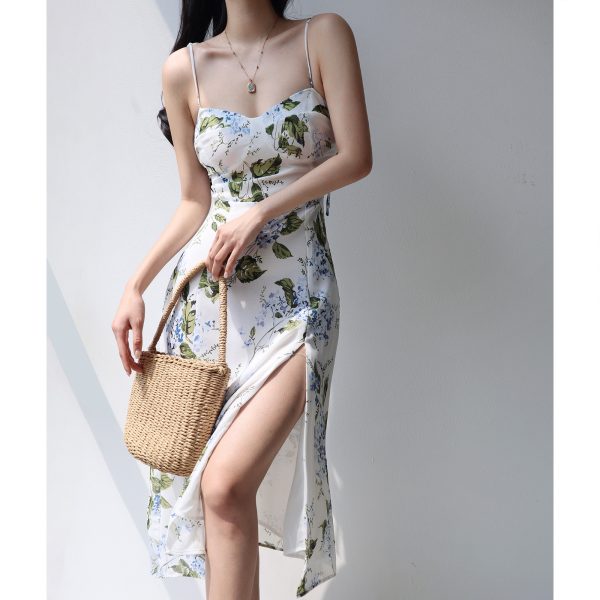 Vintage Floral Print Spaghetti Strap Dress with Side Slit - Slimming Waist-Cinching Design for Vacation Style